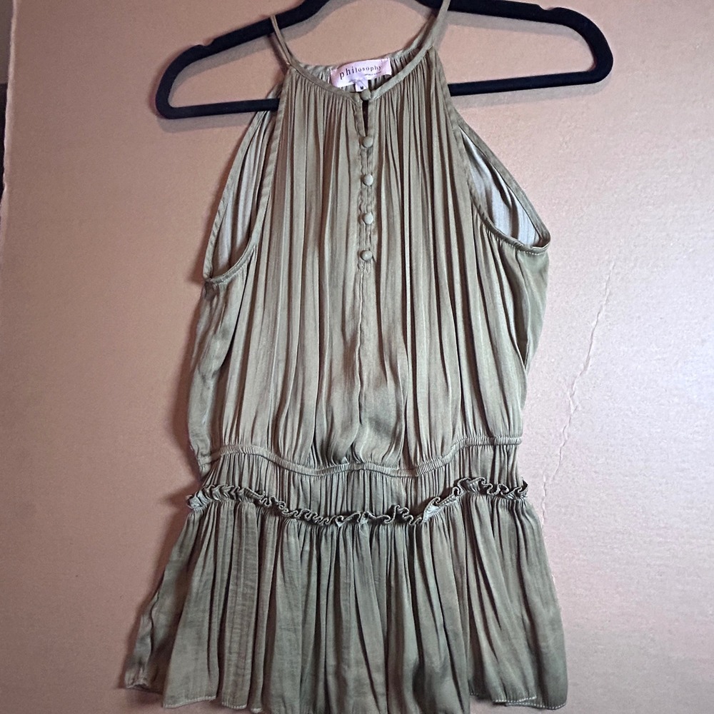 Philosophy Republic Clothing Olive Green Halter‎ Neck Ruffle Tiered Mini Dress M